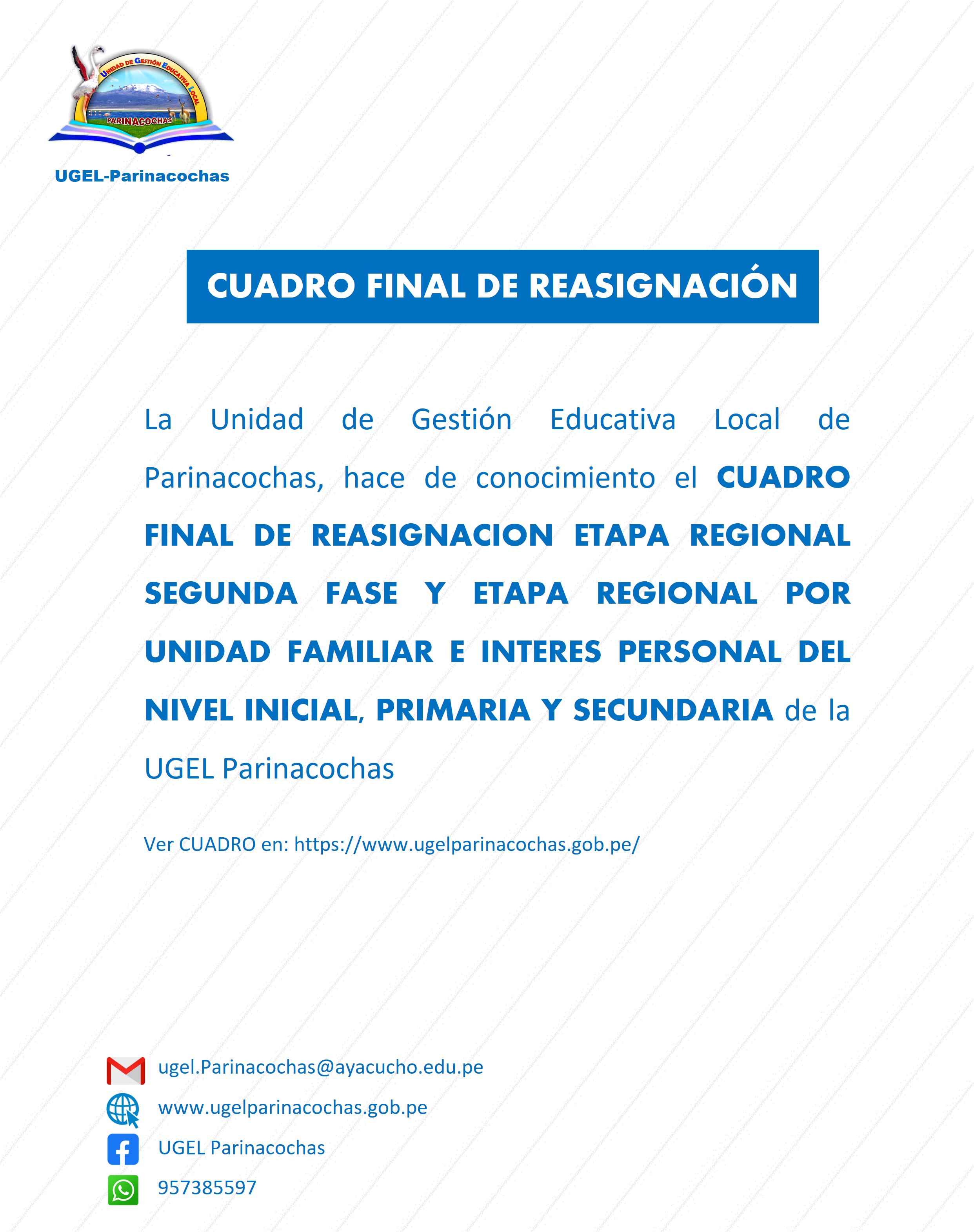 CUADRO FINAL DE REASIGNACION ETAPA REGIONAL SEGUNDA FASE DE LA UGEL PARINACOCHAS