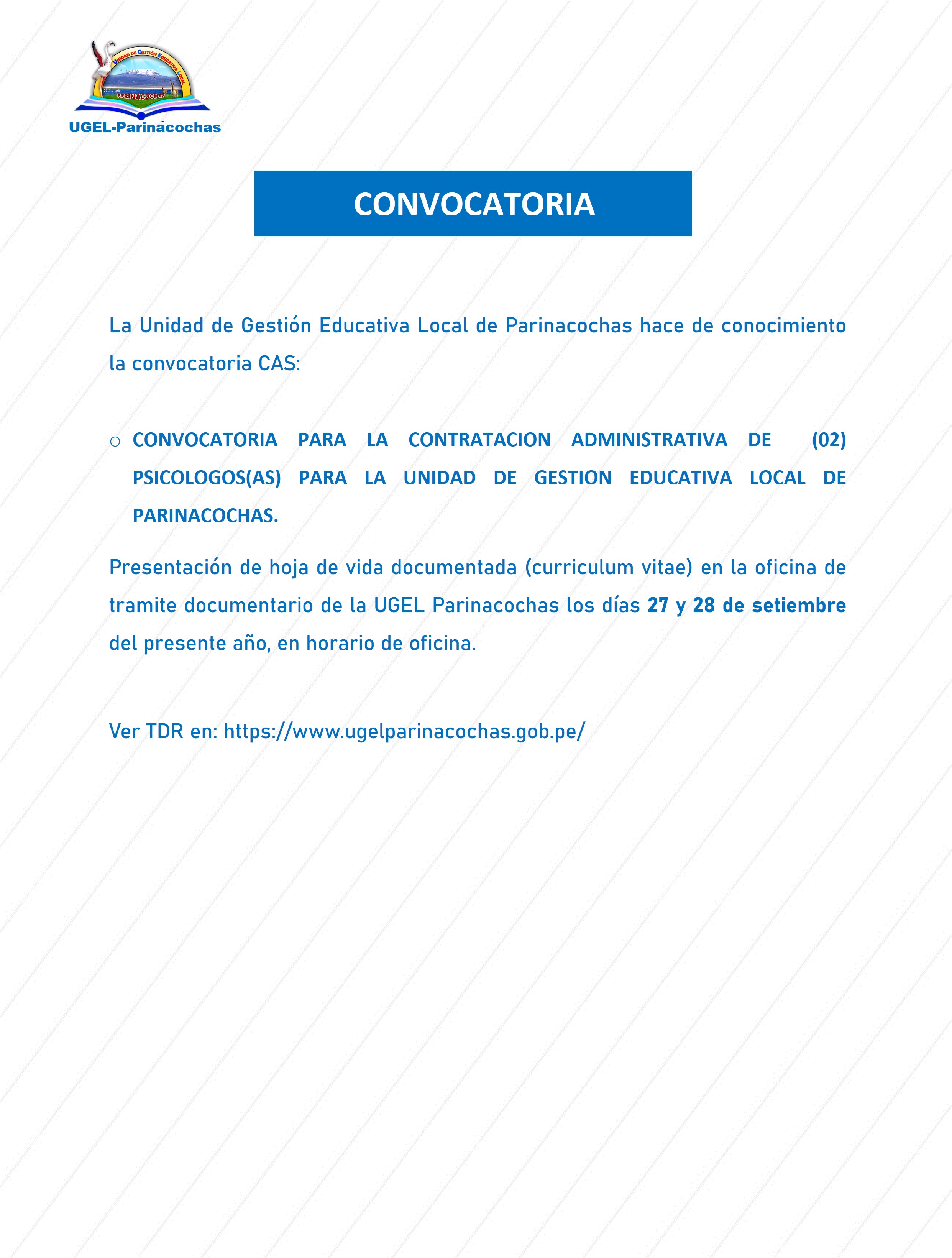 CONVOCATORIA PARA LA CONTRATACION ADMINISTRATIVA DE  (02) PSICOLOGOS(AS) PARA LA UNIDAD DE GESTION EDUCATIVA LOCAL DE PARINACOCHAS.